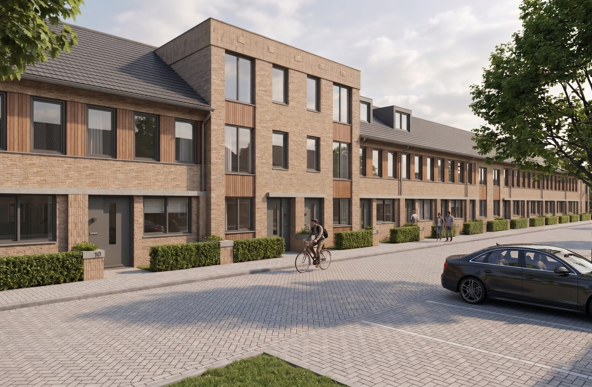 Impressie van noordzijde van nieuwbouwproject Lina met moderne rijwoningen