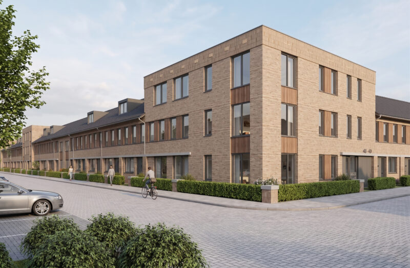 Impressie van de noordwesthoek van nieuwbouwproject Lina met moderne appartementen